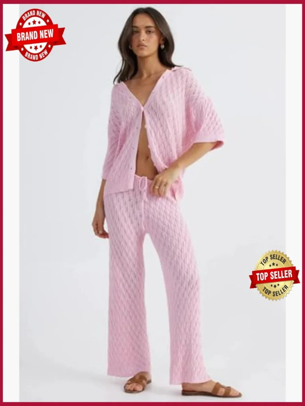 Women's Button Front Short Sleeve Top & Wide Leg Pants Lounge Set Matching 2